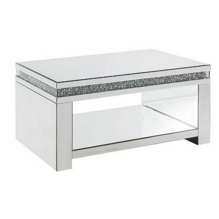 Furniture * | Coffee Table With Mirror Inlays And Faux Diamonds Insert, Silver