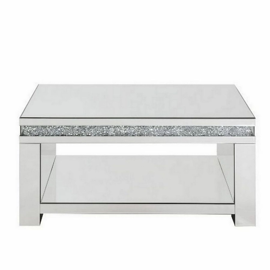 Furniture * | Coffee Table With Mirror Inlays And Faux Diamonds Insert, Silver