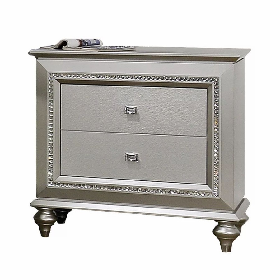 Furniture * | 2 Drawer Spacious Nightstand With Mirror Beveled Pulls, Silver