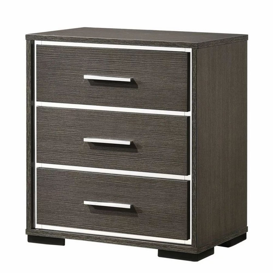 Furniture * | 3 Drawer Wooden Nightstand With Mirror Trim Accents, Gray