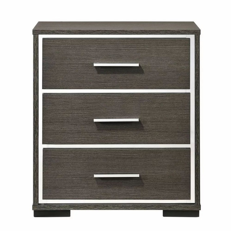 Furniture * | 3 Drawer Wooden Nightstand With Mirror Trim Accents, Gray