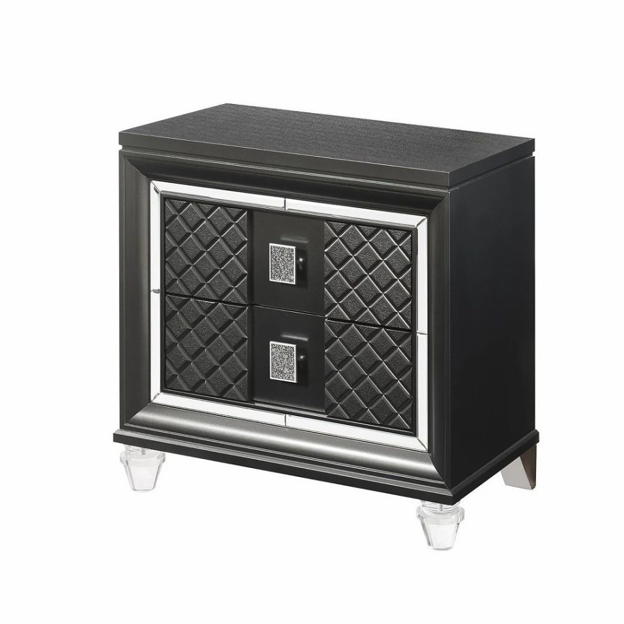 Furniture * | 2 Drawer Wooden Nightstand With Mirror Accents And Diamond Pattern, Black