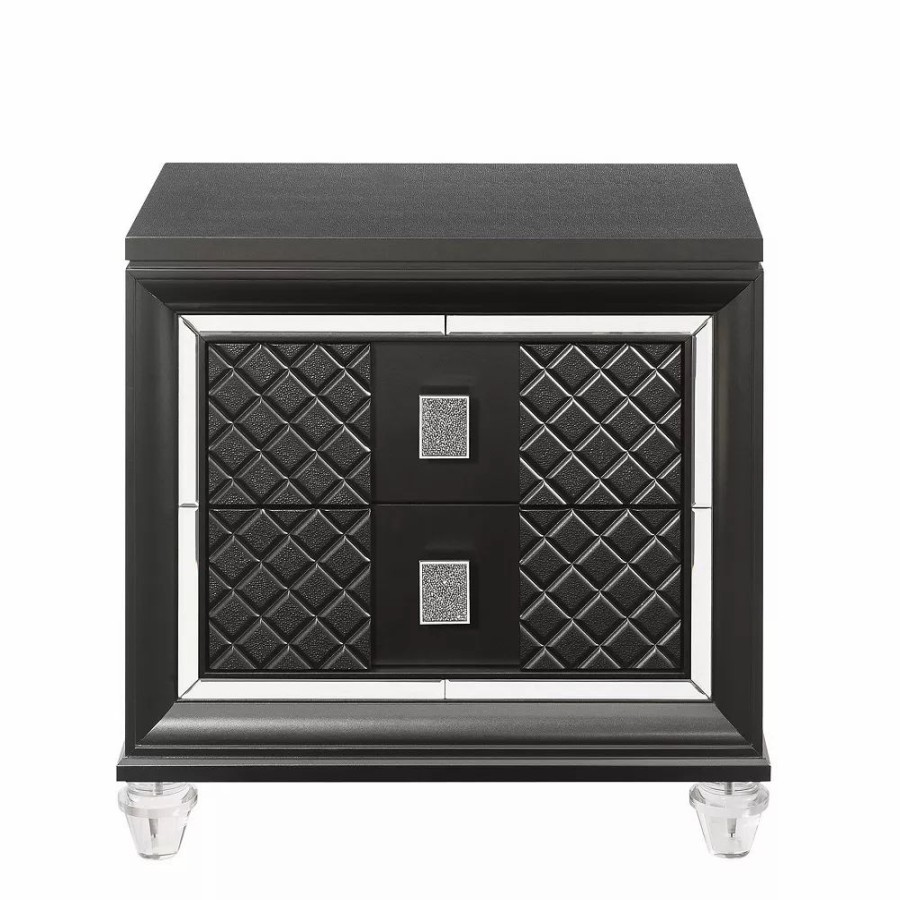 Furniture * | 2 Drawer Wooden Nightstand With Mirror Accents And Diamond Pattern, Black