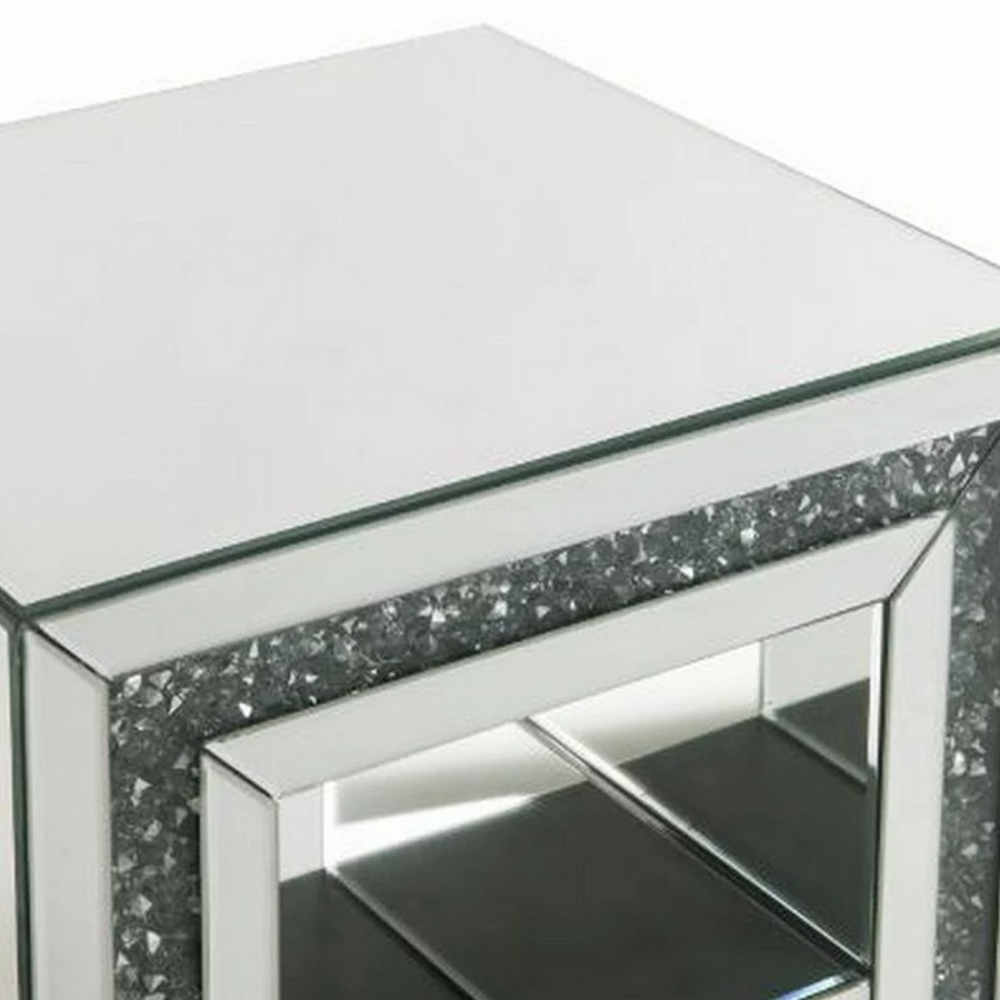 Furniture * | End Table With Mirror Framing And Faux Diamonds, Silver