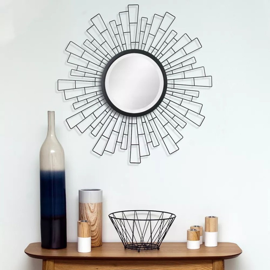 Mirrors * | Stonebriar Collection Black Metal Geometric Sunburst Frame Wall Mirror