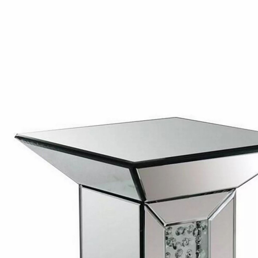 Furniture * | 24 Inch Modern End Table, Square Mirror Top, Faux Crystals Inlay, Silver