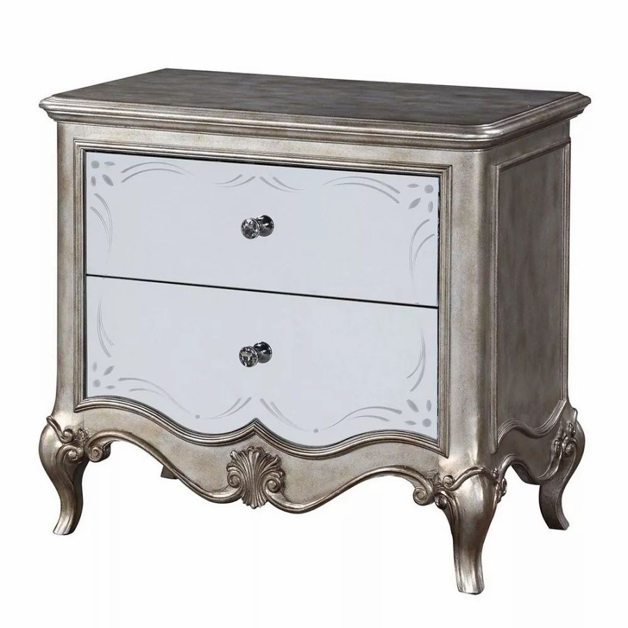 Furniture * | Nightstand With Mirror Front And Molded Trim, Antique Silver