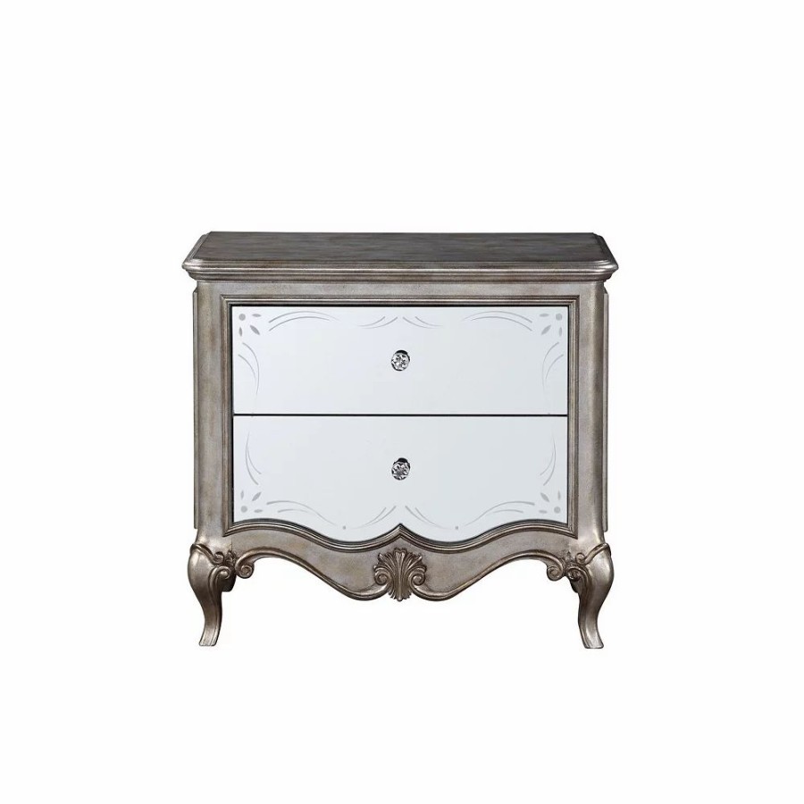 Furniture * | Nightstand With Mirror Front And Molded Trim, Antique Silver