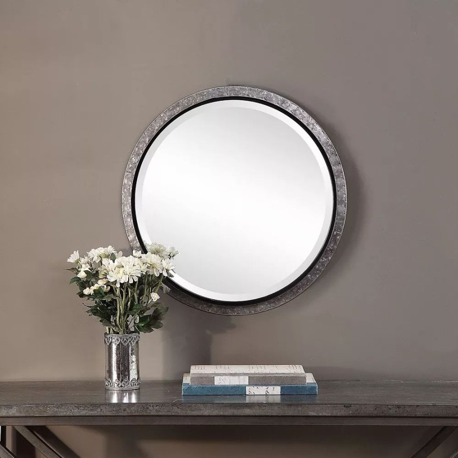 Mirrors * | 3-D Profile Round Metal Frame Nail Heads Accented Wall Mirror