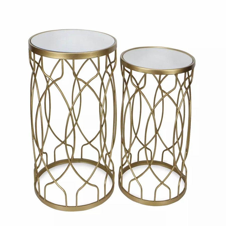 Furniture * | Cheung'S Contemporary Metal Nesting Tables With Curved Repeating Pattern And Top Mirror, Set Of 2